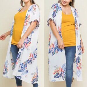 UMGEE Tassel Sleeve Kimono White Floral Open Duster Long Cardigan Swim Cover Up